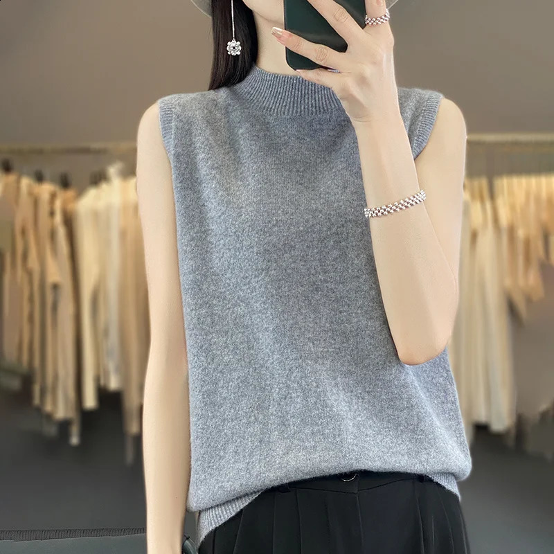 Womens T-shirt Spring/Summer Pure Wool Tank Top Womens Half High Neck Knitted Pullover Sleeveless Vest Kam Shoulder 240824