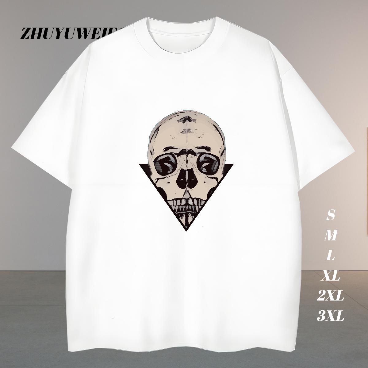 Loose T Shirt For Man 230g Pure Cotton skull Street Casual Anime Print Crew Neck Breathable Mens Tshirts 2024 Summer Tee Shirt
