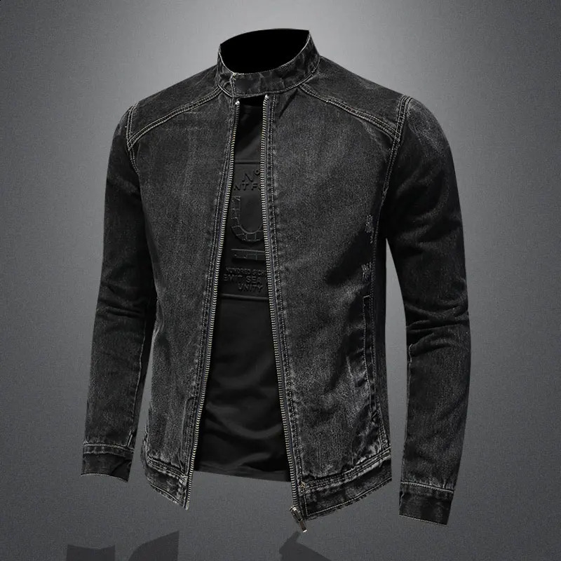 Mens retro stand up collar pilot jacket denim bomber Plus size 5XL slim fit zipper fashionable mens bicycle 240824