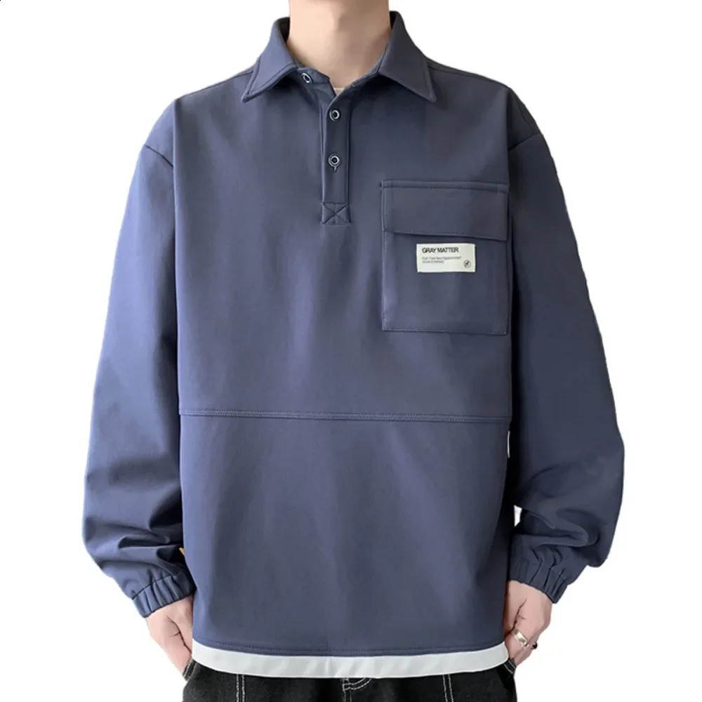 Mens Fall Casual Polo Shirts Classic Button Basic Long Sleeve with Pocket Shirt Solid Color Korean Stylish Tops Clothes For Men 240824