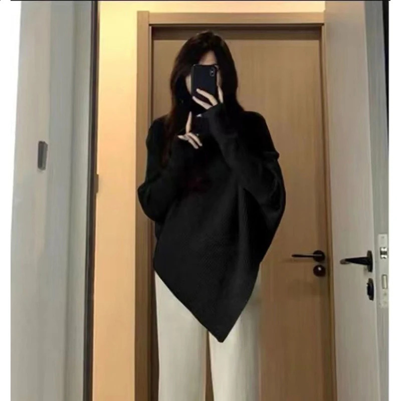 MEXZT Irregular Turtleneck Sweater Women Vintage Knitted Pullovers Korean Asymmetrical Knitwears Streetwear Casual Chic Jumper 240824