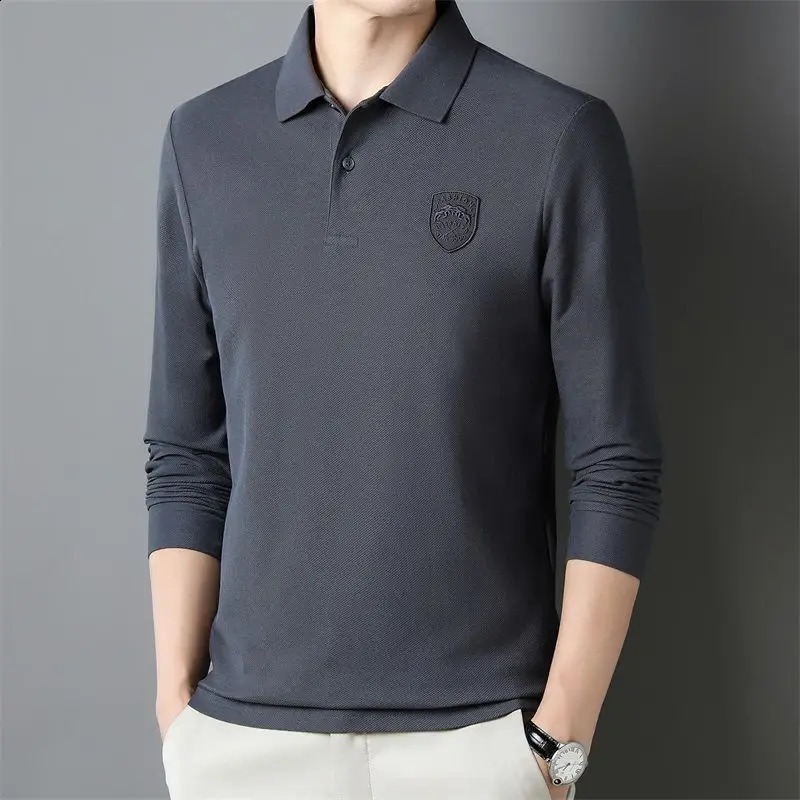 Spring Mens Fashion Versatile Pure Cotton Polo Collar Printed Long Sleeve Shirt Autumn Multi Color Business Casual Top 240824