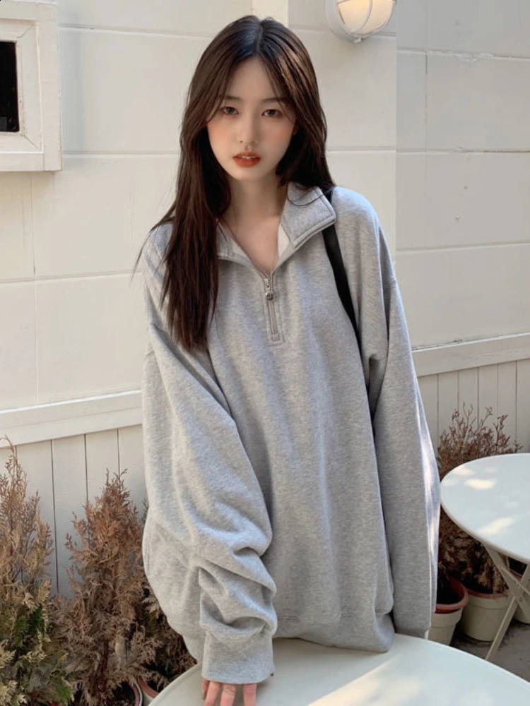 Deeptown Korean Fashion Gray Oversized Sweatshirts Women Harajuku Zip Up Hoodie Vintage Loose Casual Polo Collar Pullover Tops 240824