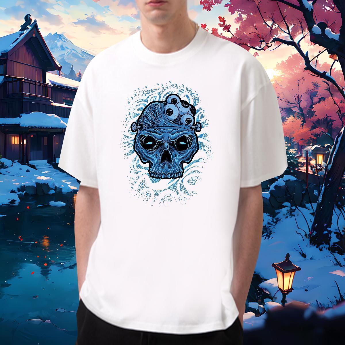 Loose Fit Mens T Shirts 230g Cotton skull Sports Casual Cartoon Print Breathable Soft Men Tshirts Casual New Clothes