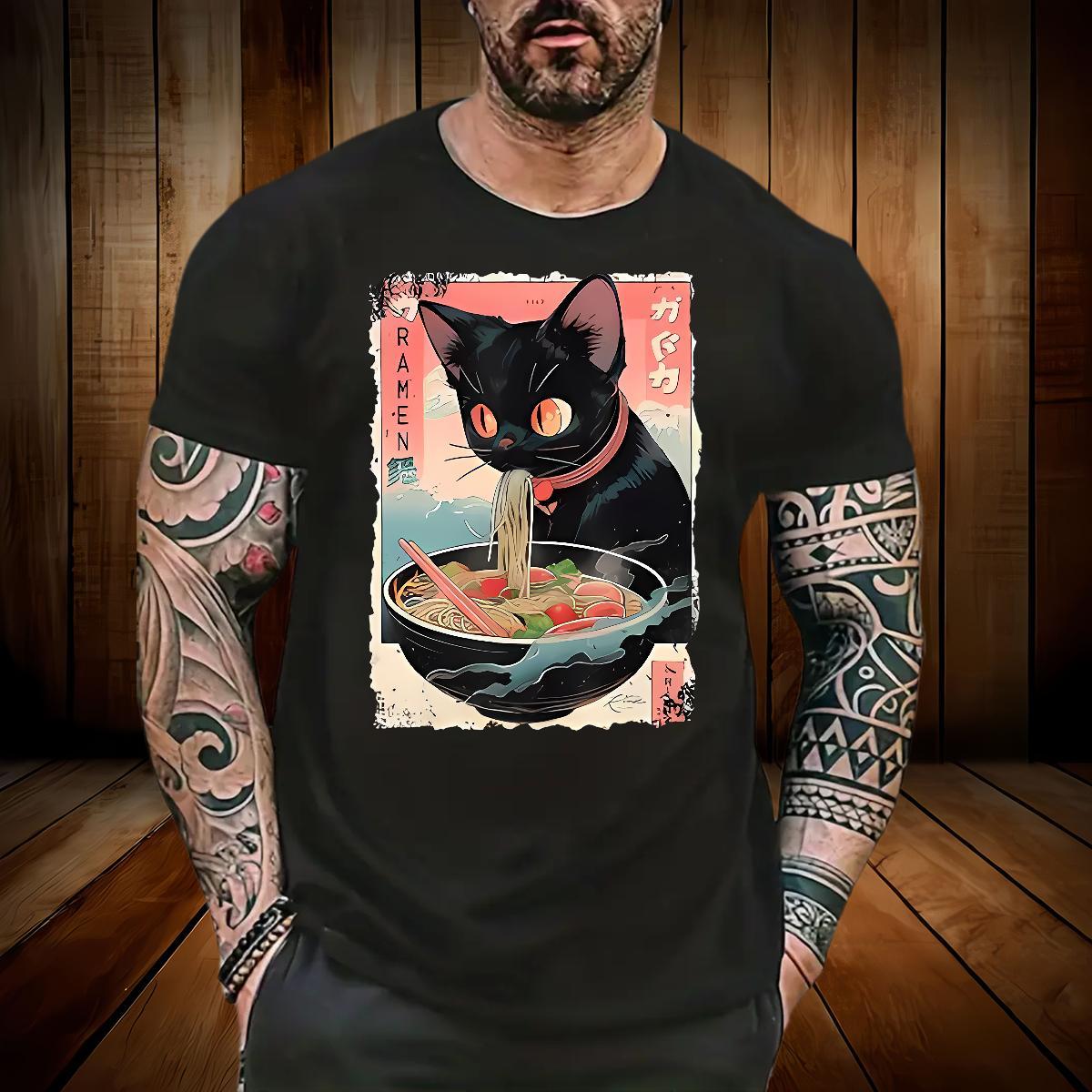 Brand Men Clothes T-Shirt The cat eats ramen noodles Spring Summer 230g 100% Cotton Tshirts Breathable Soft Wholesale T shirt DIY Printed