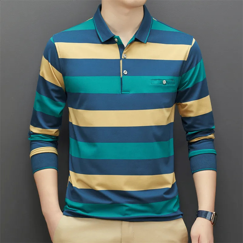 95% Cotton Polo Shirt for Men Long Sleeve Striped Autumn and Spring Male Polo Shirt Korean Style Clothing Casual Tops Shirts 240824