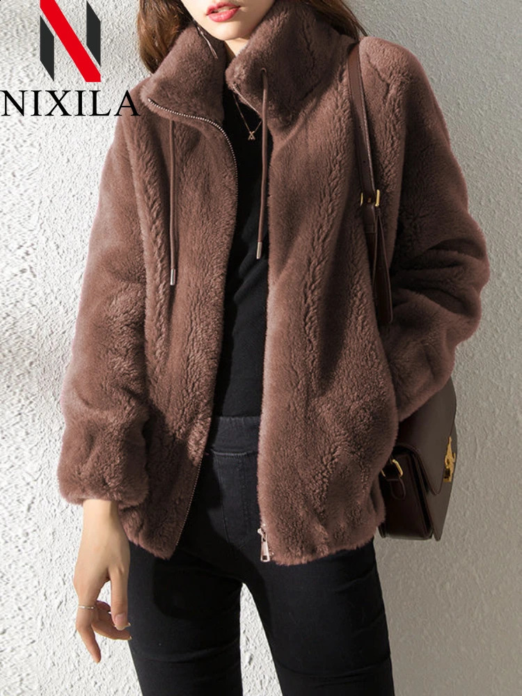 autumn and winter womens jacket plush thick doublesided cashmere collar warm Korean faux fur clothing 240824