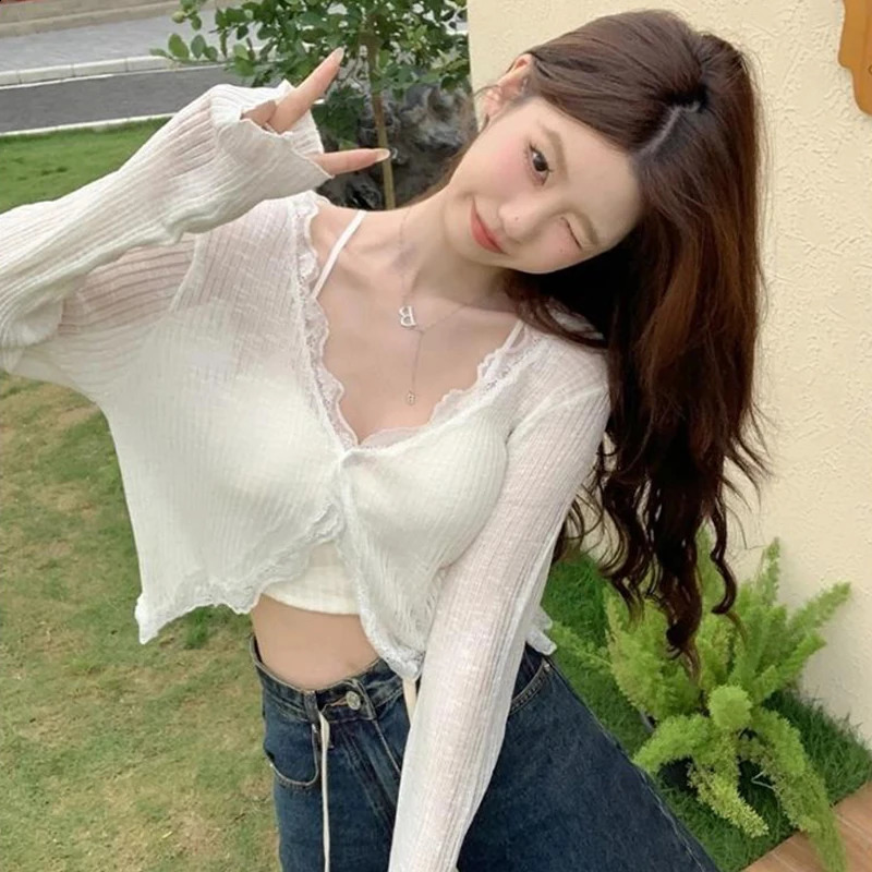 Summer Korean Womens Solid Color Lace V-neck Long Sleeve Knitted Sunscreen Cardigan 240824