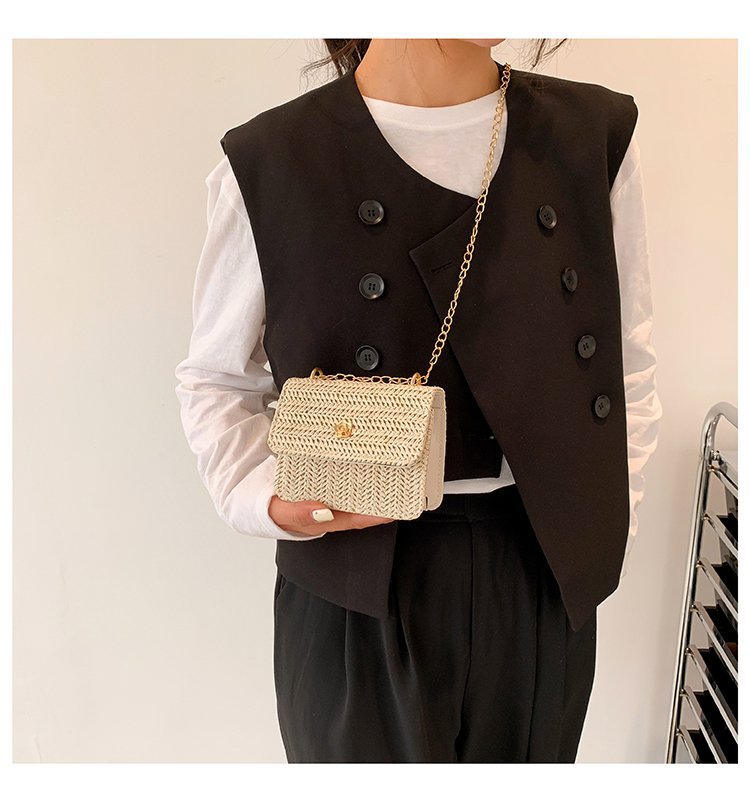 Straw woven bag woven bag lid type sewing thread shoulder bag chain small square bag