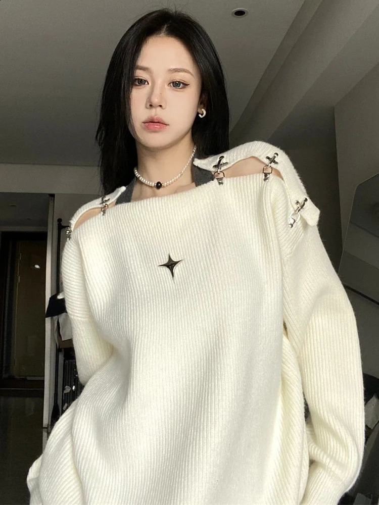 Y2K Oversized Sweater Women Korean Fashion Sexy Off Shoulder Pullovers Female Autumn Winter Casual Loose Metal Jumpers 240824