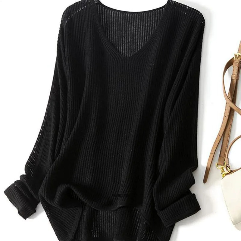 Plus Size 6XL 150KG Autumn Women Sweater Long Sleeve V Neck Casual Loose Hollow Solid Color Sweater Black Beige Loose Coat 240824