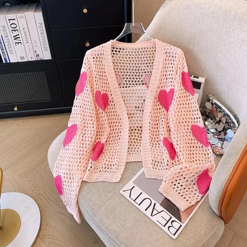 V Neck Cropped Cardigan Women Long Sleeve Twist Knitted Sweater Spring Summer Keep Cool Korean Fashion Jacket Cardigan 240824