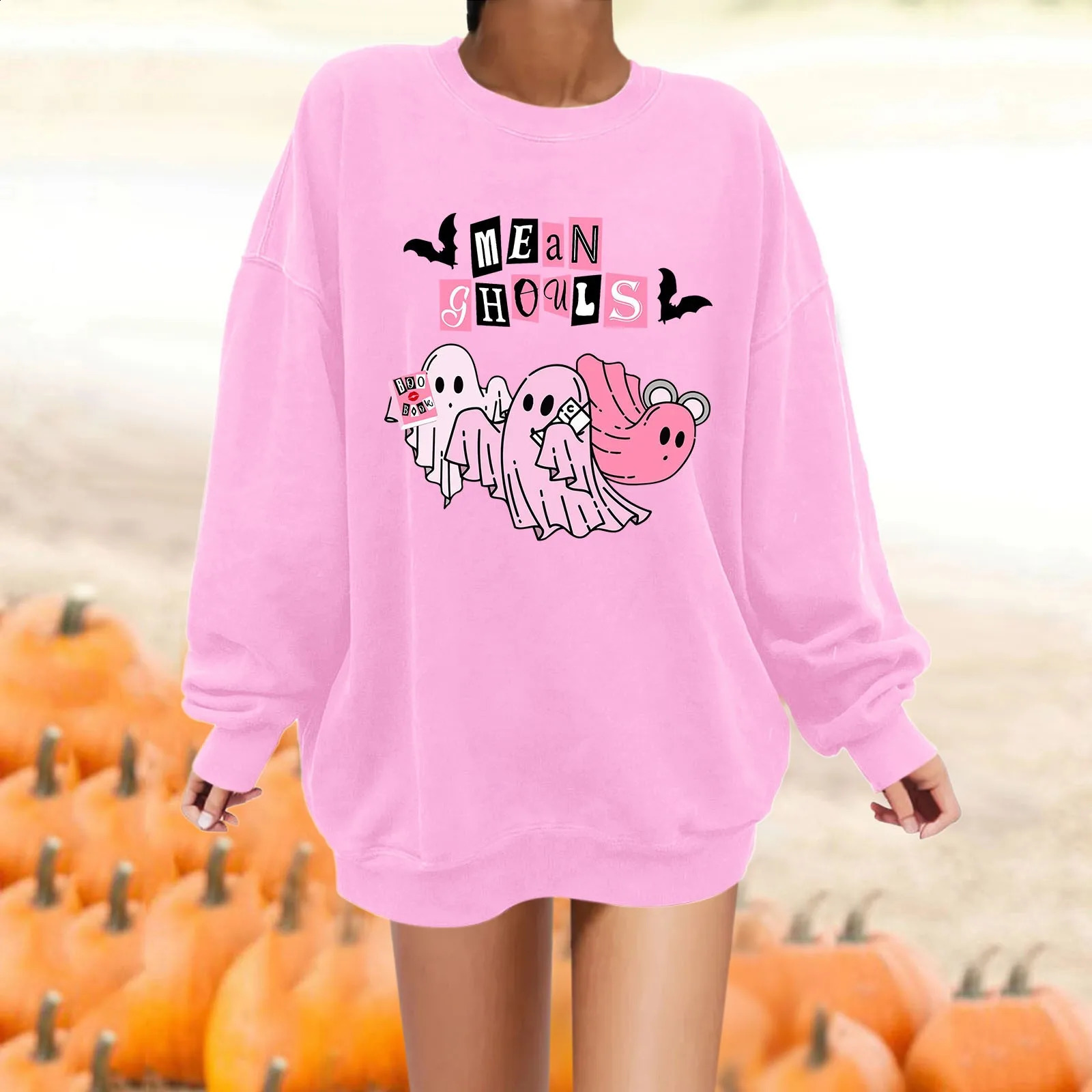 Womens Halloween Hoodie Bat Ghost Multi-Element Printed Hoodie Winter Beautiful Warm All Match Casual Pullover Fashion Hoodie 240824