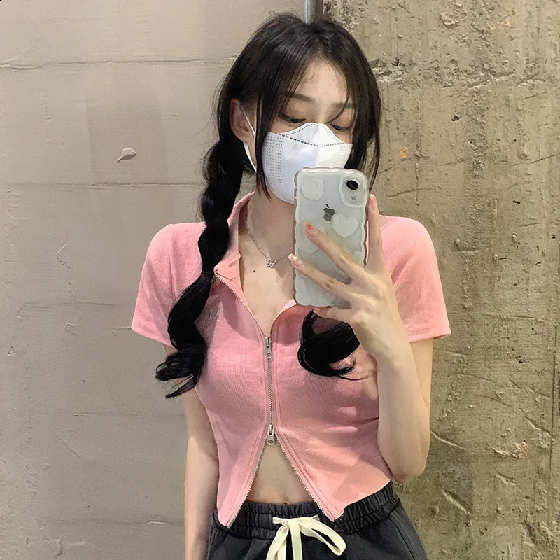 Women Knitted Zipper Short Sleeved T-shirts Lady Daily Comfortable Outside Crop Clothes Female Cutecore Collared Colorful Tops 240824