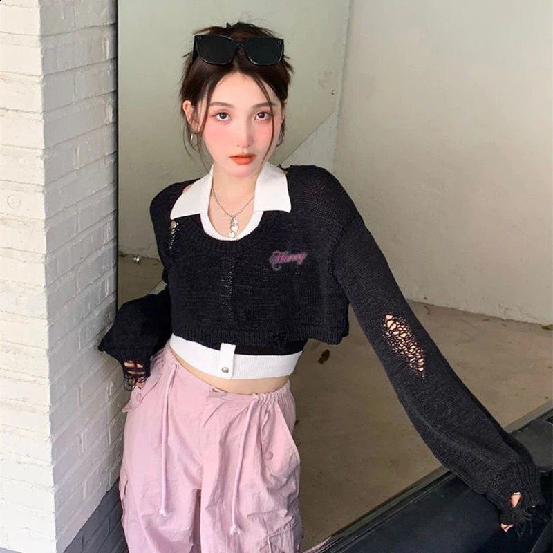Lucyever Y2K Vintage Cropped Sweater for Women Harajuku Ripped Hollow Out Smock Pullover College Style Sweet Knitwear Jumpers 240824