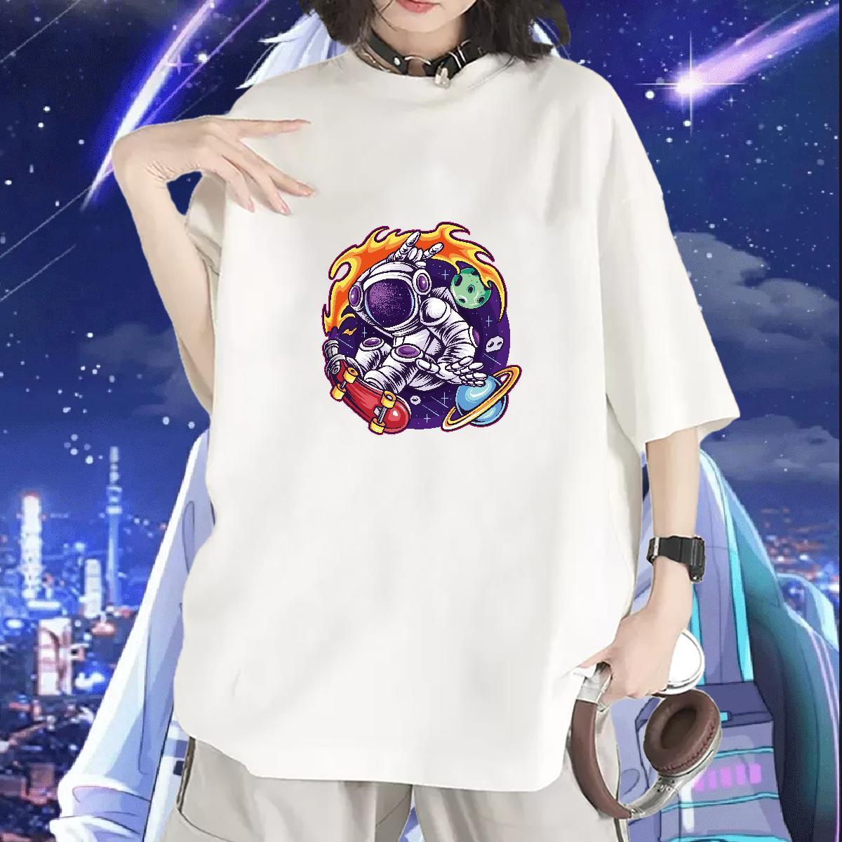 Lady Couples T Shirts 230g Cotton cosmonaut Street Casual Womens T Shirts O-Neck Short Sleeve Cartoon Printing L-4XL Tshirts