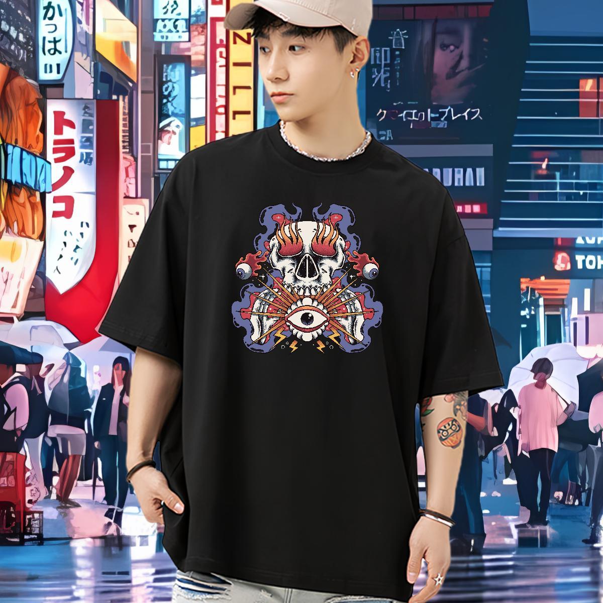 Wholesale T Shirts Men 230g Cotton skull Summer Casual Black Oversized Short Sleeve Soft Men Tees 2024 Tops