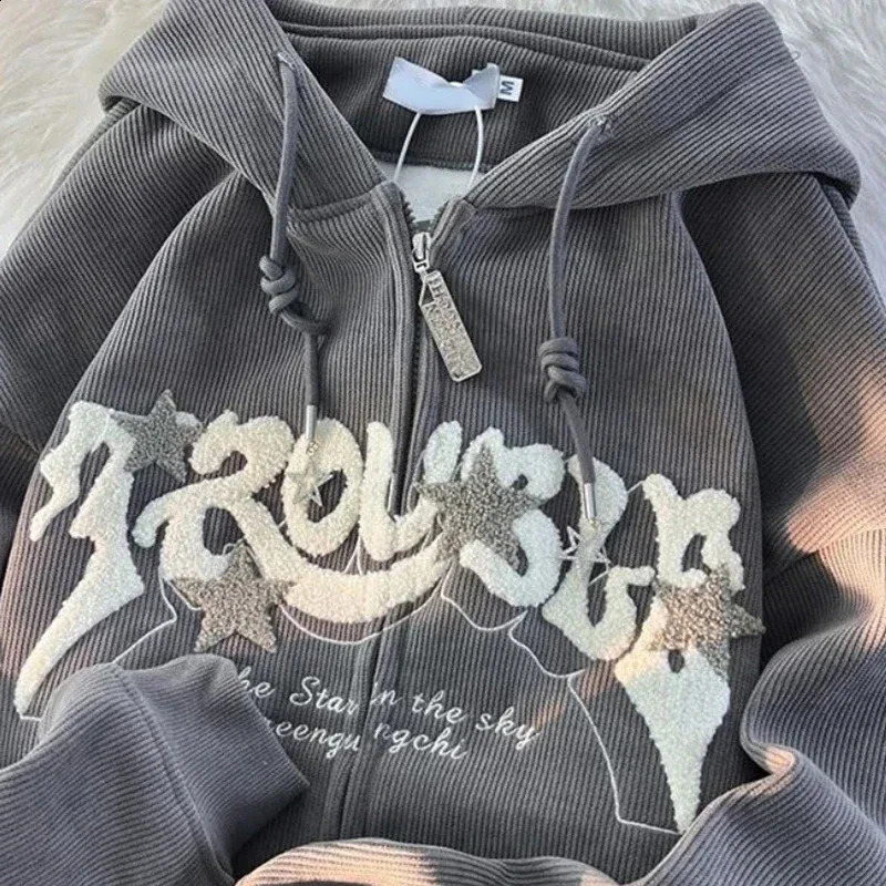 Women Retro Embroidery Hoodies Autumn Winter Zip Up Long Sleeve Loose Jacket Coats Y2K Casual Pocket Hooded Sweatshirts 240824