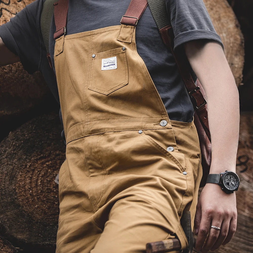 Maden Vintage Khaki Strap Pants Amekaji One Piece Pocket Straight Tube Sling Mens Fashion 240824