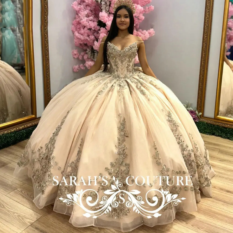 Champagne Crystal Beading Ball Gown Quinceanera Dresses Off The Shoulder Appliques Lace Bow Sweet 16 Vestido De 15 Anos