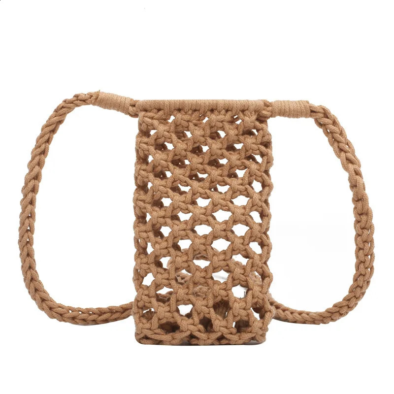 Women Fashion Small Crossbody Phone Bag Solid Color Hollow-out Woven Crochet Lightweight Braided Shoulder Handbag 240824