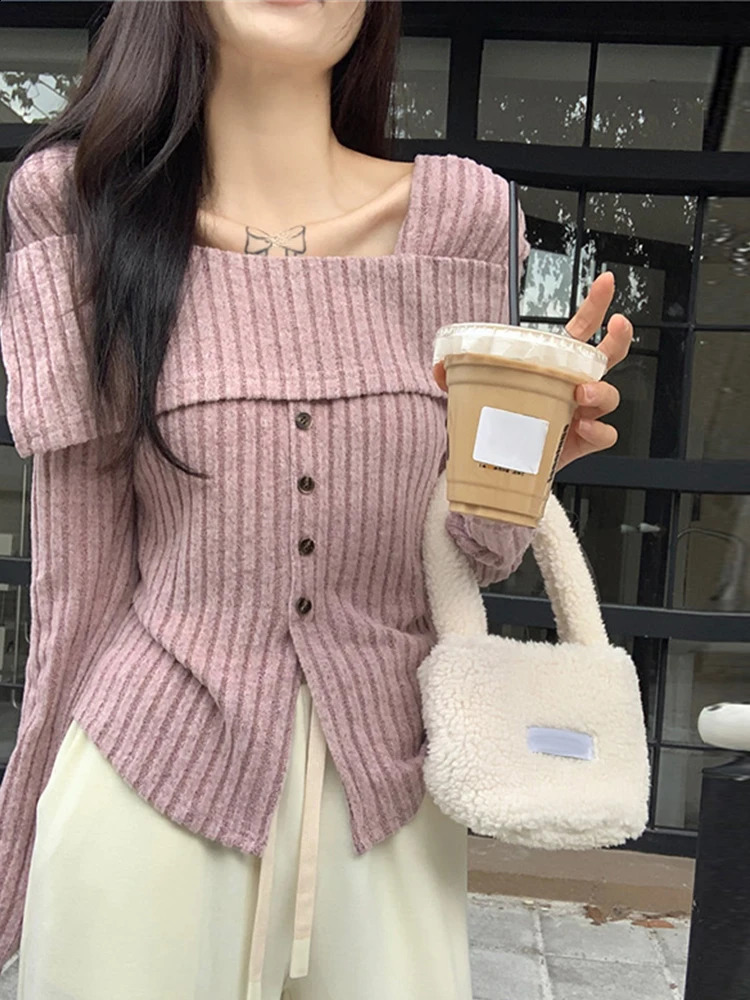 Off Shoulder Knit Pullover Women Chic Casual Slim Gentle Tops Female Spring Square Neck Solid Long Sleeves Knitwears Lady 240824