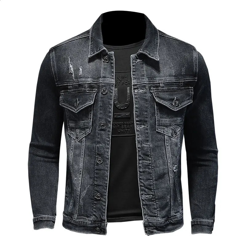 Mens denim jacket blue gray cotton swivel collar long sleeves ultrathin clothes motorcycle jeans mens 240824
