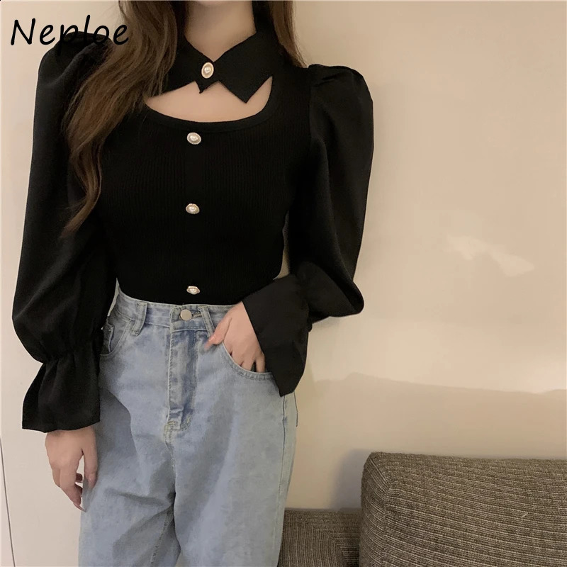 Turn Down Collar Spliced Shirt Woman Puff Long-sleeved Knit Tops Mujer Autumn Temperament Sweater Pullover Women 240824