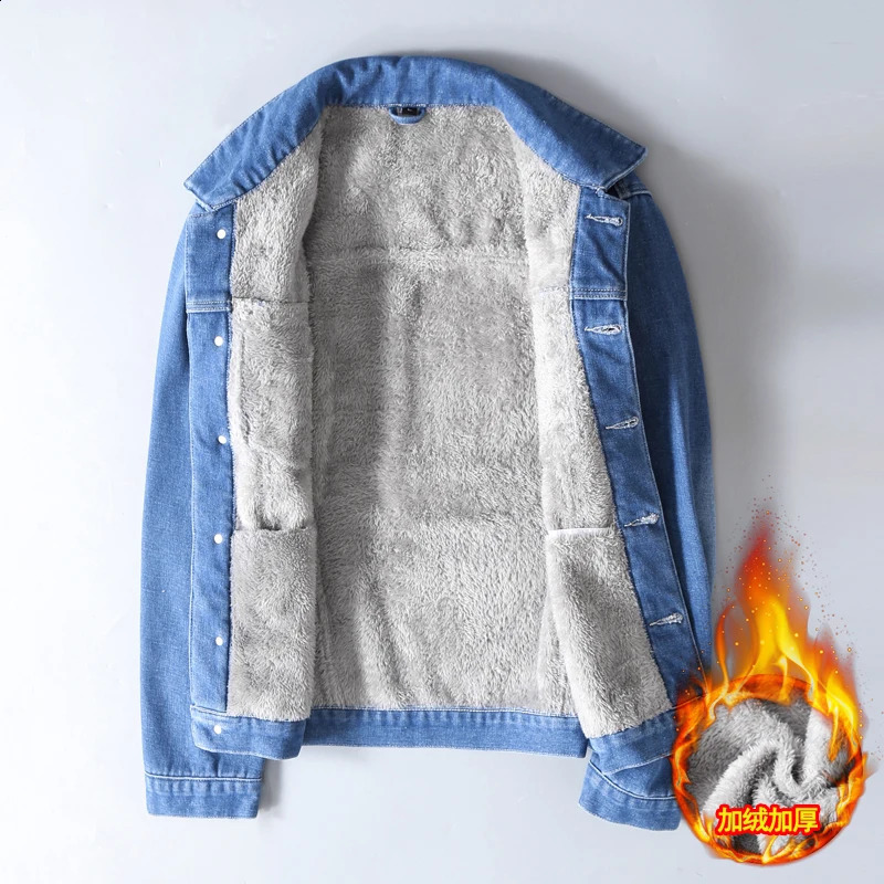 Mens winter denim jacket light blue warm mens wool lining thick Plus size 4xl 240824