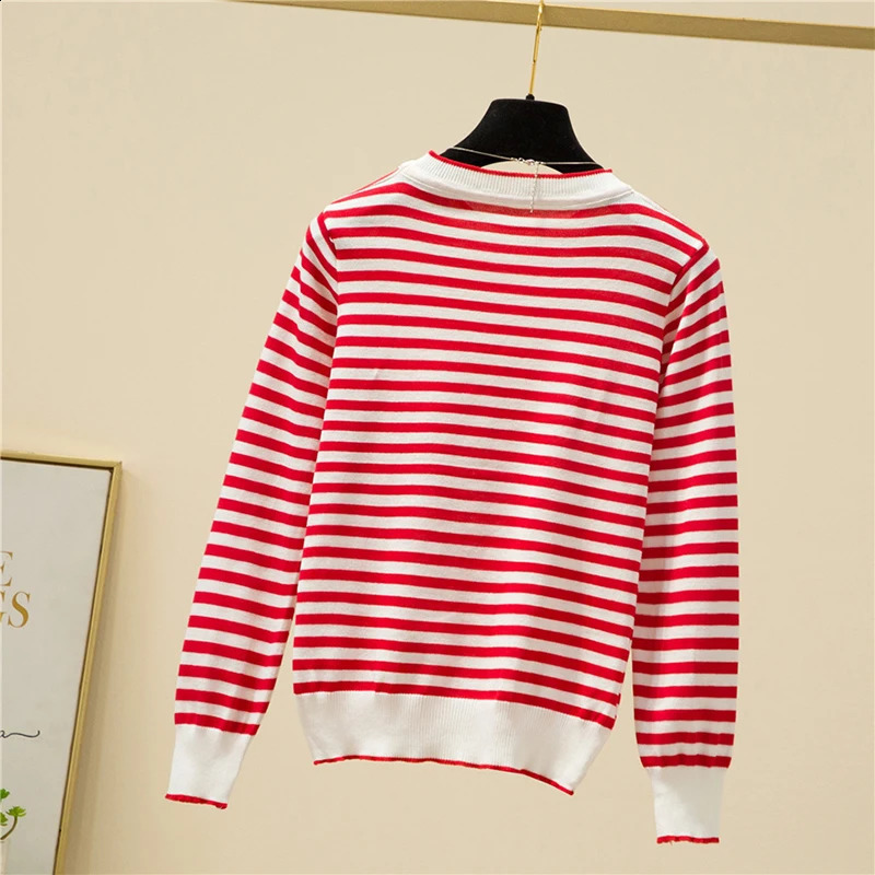 Knitting Sweater Womens O Neck Loose Long Sleeve Thin Soft Pullover Tops Femme Striped Basic Casual All-match Knitwear Female 240824