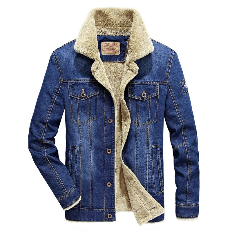 Denim jacket winter mens thick coat warm wool denim jeans black casual cotton clothing 240824