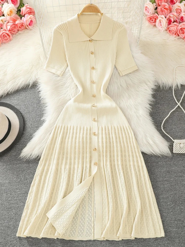 Summer Womens Black Rice Single Chest Knitted Long Skirt Green Elegant Office Short Sleeve Folded Dress Fashion 240824
