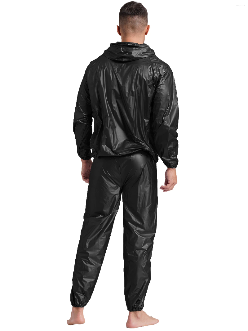 Men's Tracksuits Mens Sauna Sweat Outfit Heavy Duty Fitness Weight Loss Suit Exercise Gym Anti-Rip Hooded Jacket And Long Pants