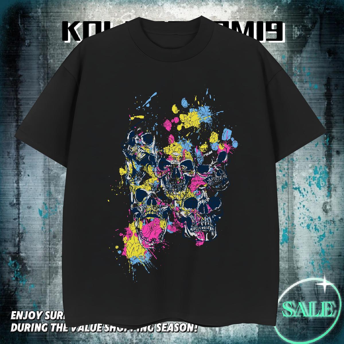 High Quality T-Shirts 230g Pure Cotton skull Street Casual Cartoon Printing L-4XL Breathable Soft Mens Tshirts Brand Tees