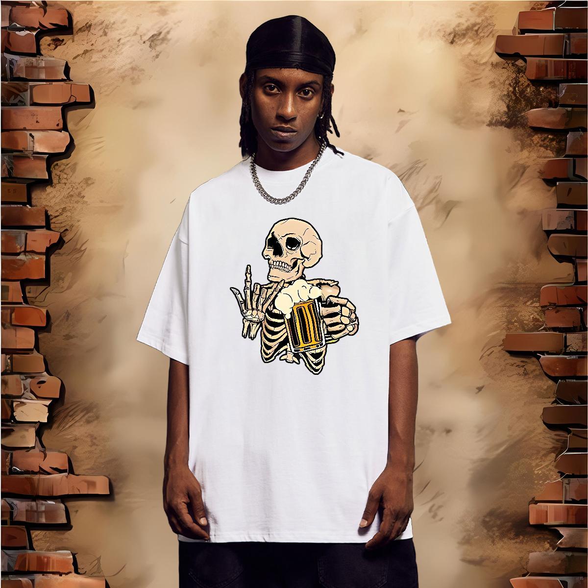 High Quality T Shirts Men 100% Cotton 230g skull Casual Beach Black White Crew Neck Men Tshirts Fashion Polos