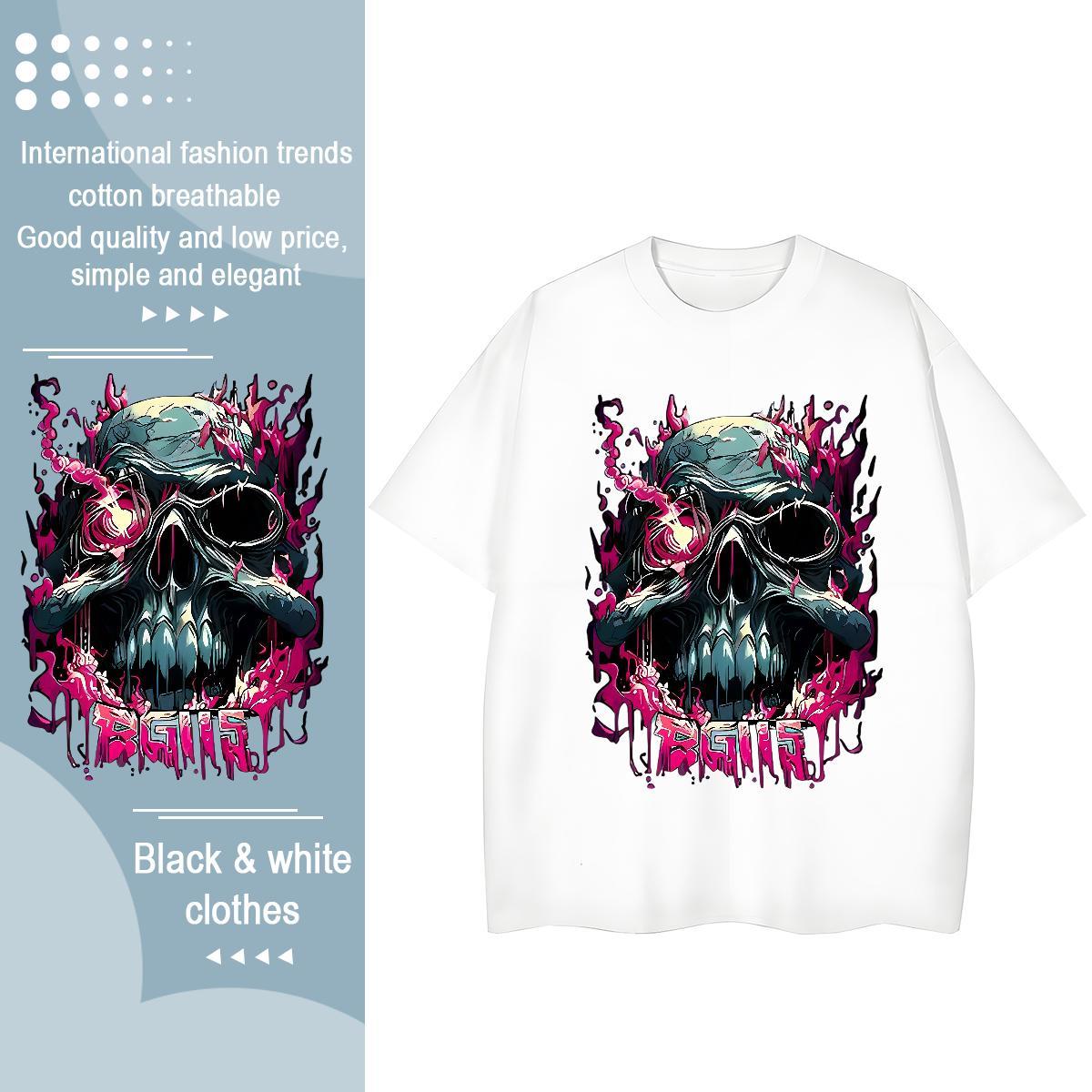 High Quality T-Shirts for Men 230g 100% Cotton skull High Street Hip Hop White Plus Size Short Sleeve O-Neck Couples T Shirts Fashion Clothings