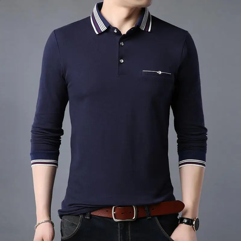 Autumn Mens Pure Cotton Lapel Patchwork Printed Simple Long Sleeved T-shirt Loose and Comfortable Casual Bottom Top 240824