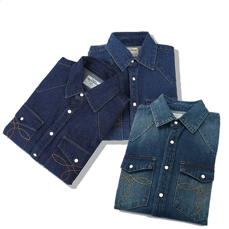 denim cotton mens long sleeved black and blue drop shoulder button pocket loose casual work jeans w240824