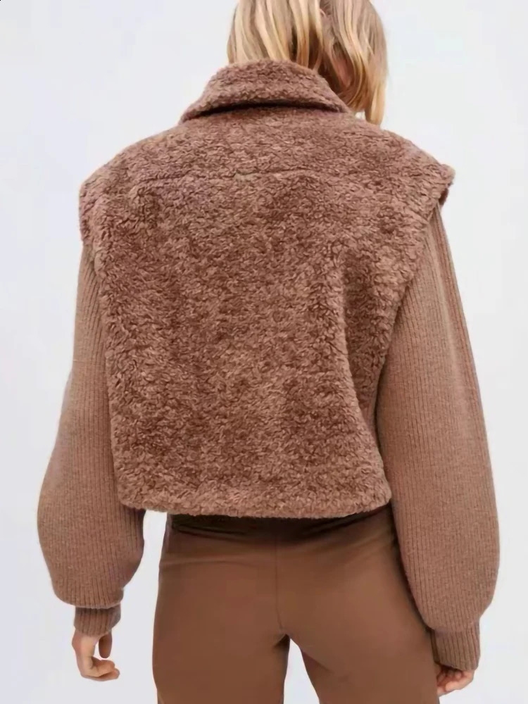 IOO Winter Thick Warm Wool Womens Coat Knitted Splicing Collar Pocket Artificial Fur Short Top 240824