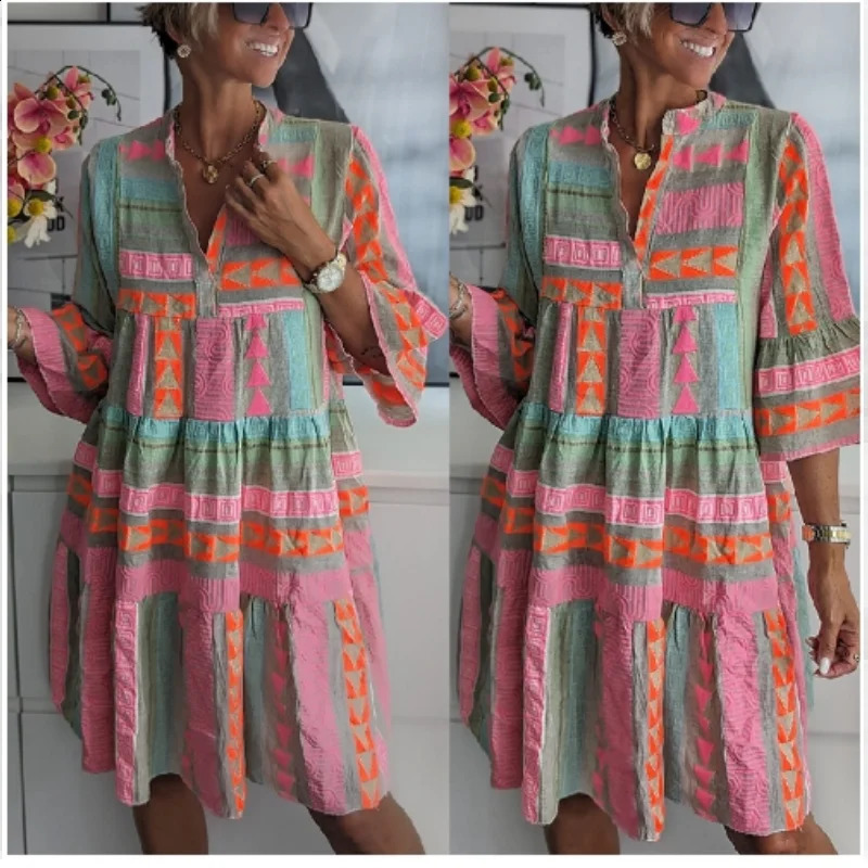 Womens Sexy V-neck Ruffled Bohemian Mini Dress Spring Vintage Print A-line Holiday Casual Autumn 3/4 Flared Sleeves Dresses 240824