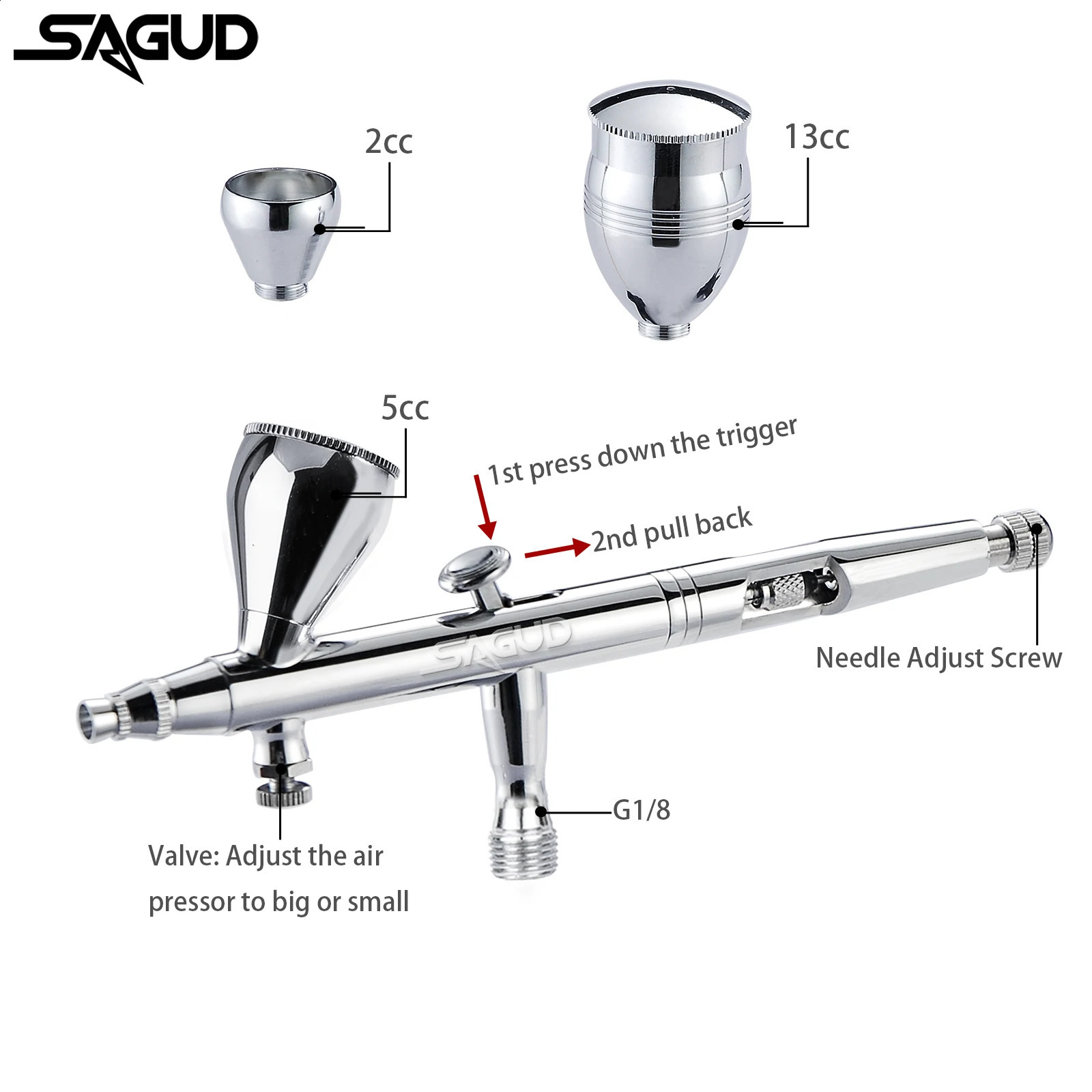 SAGUD double action spray gun kit 0.m air brush with 2/5/13CC spray cup and wrench dropper tool for cake tattoo nail painting 240823