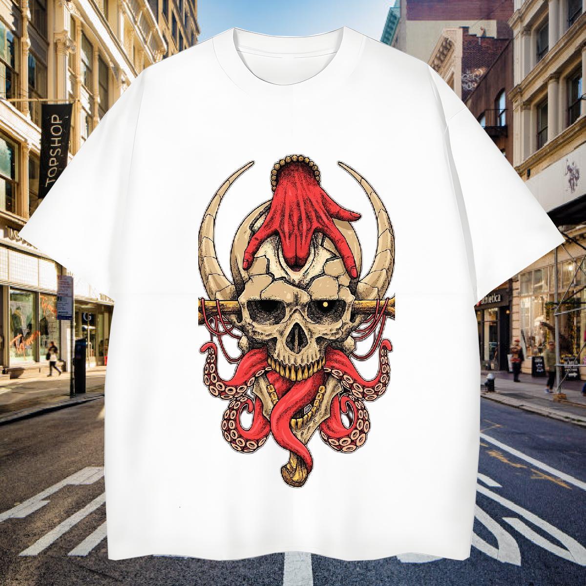 Unisex Men T Shirts 230g Cotton skull Street DIY Printed Breathable Crew Neck Tshirts 2024 Tops Tees