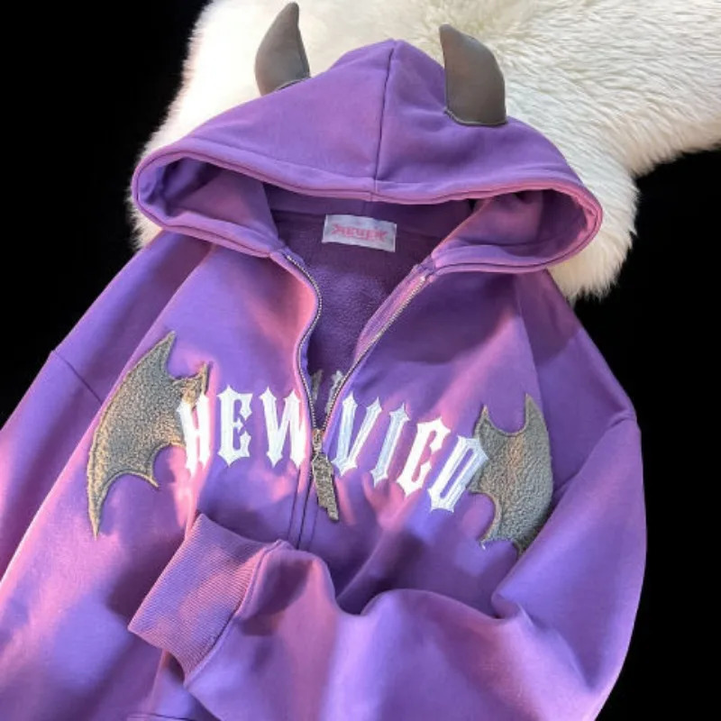 American Retro Little Devil Embroidered Zipper Hoodie Women Y2K Street Fashion Trend Joker Sweatshirt Couple Casual Loose Hoodie 240824