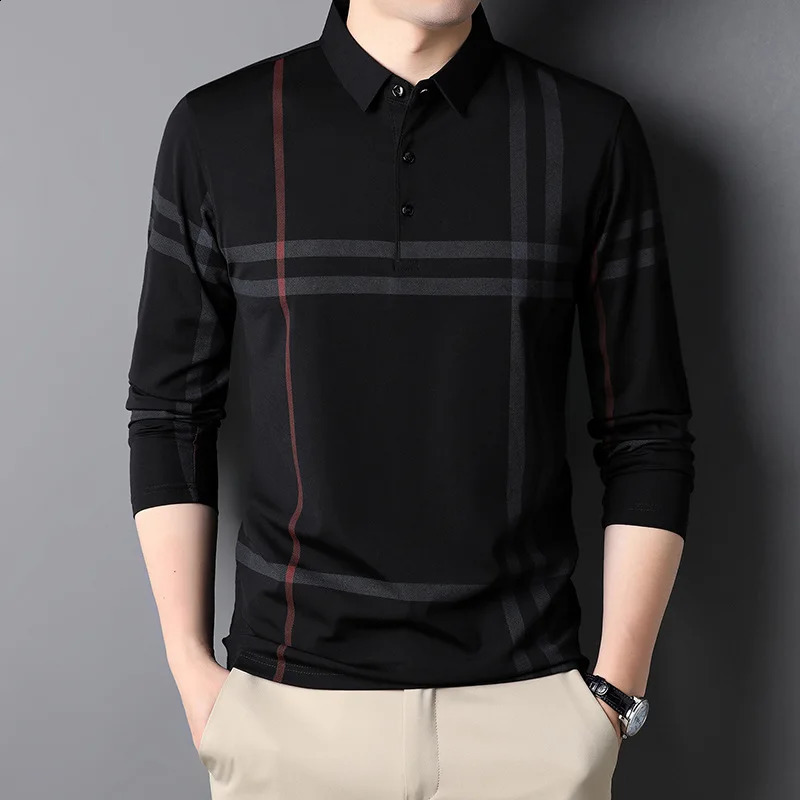 Spring Autumn Business Casual Slim Polo Shirts Men Korean Fashion Striped Lapel Button Long Sleeve T-shirt Ropa Hombre 240824
