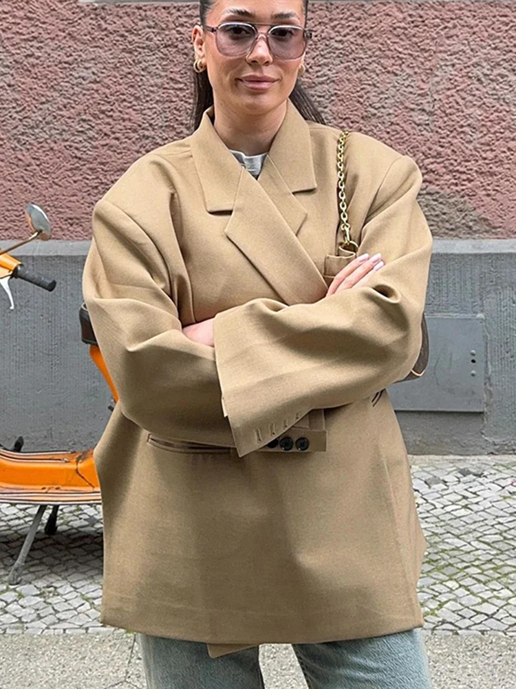 Casual Suit Blazer Coat Women Oversized Double Button Notched Side Slit Jacket Female 2024 Autumn Office Shoulder Pads Lady Tops 240813
