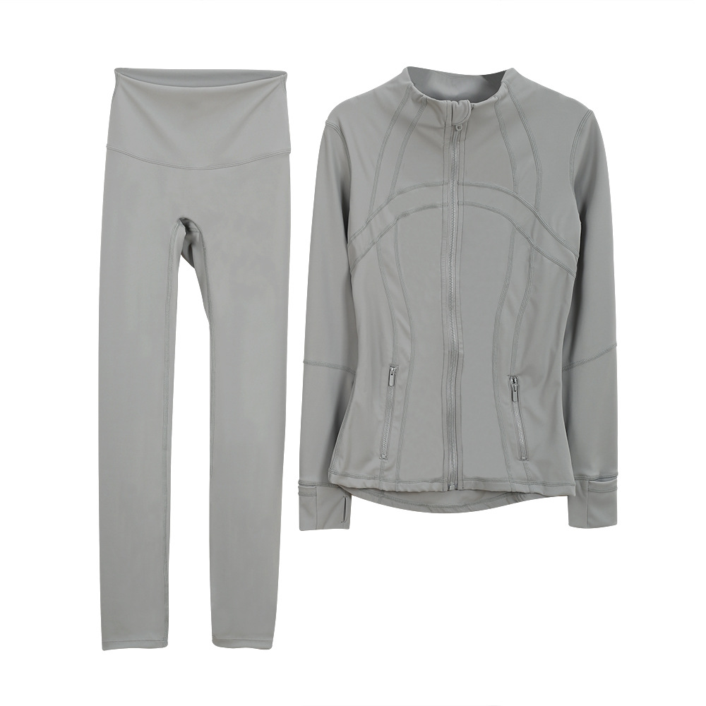 2PCS Yoga Set Sports Jackets Top With Drawstring On The Zipper Quick Dry High Waisted Sports Leggings Sportswear Women Running Fitness Wear Gym Set Wo