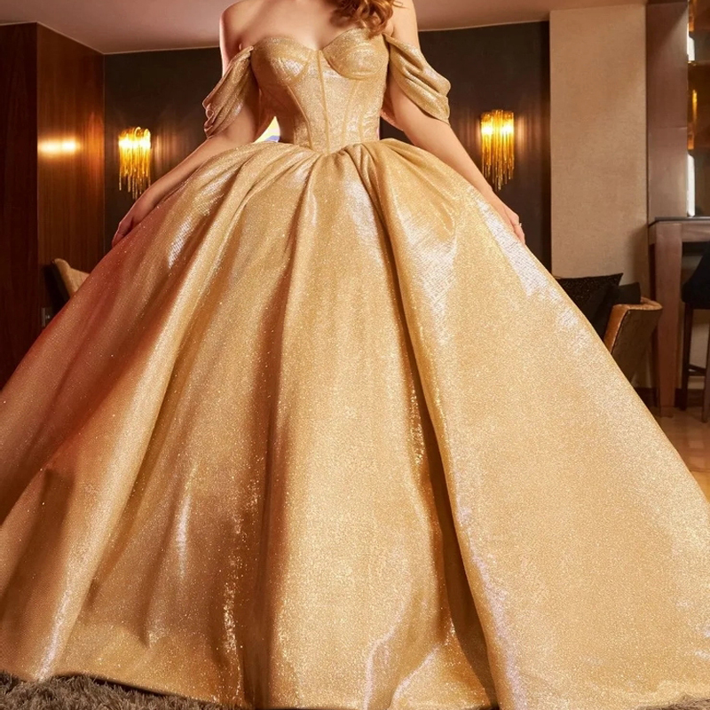 Gold Off Shoulder Shiny Ball Gown Elegant Sleeveless Quinceanera Dresses 2024 Classic Sequin Sweet 16 Dress Vestidos 15 De Novia
