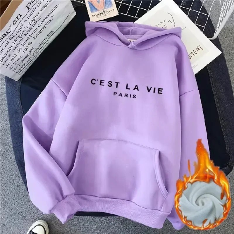 Autumn Winter Women Fleece Hoodies Thick Warm Female Long Sleeve Hooded Sweatshirts Casual Print Lady Loose Pullover Tops 240824