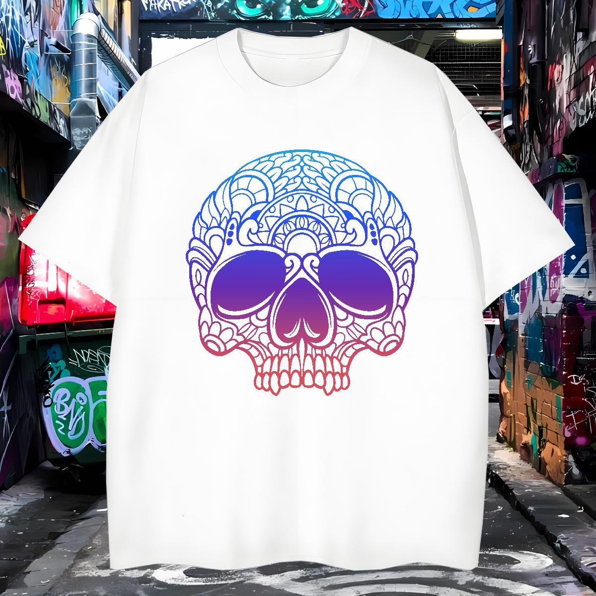 TOP Quality Men T Shirts 230g 100% Cotton skull Casual Beach Oversized Round Neck Short Sleeve Couples T Shirts Classic Top Tees