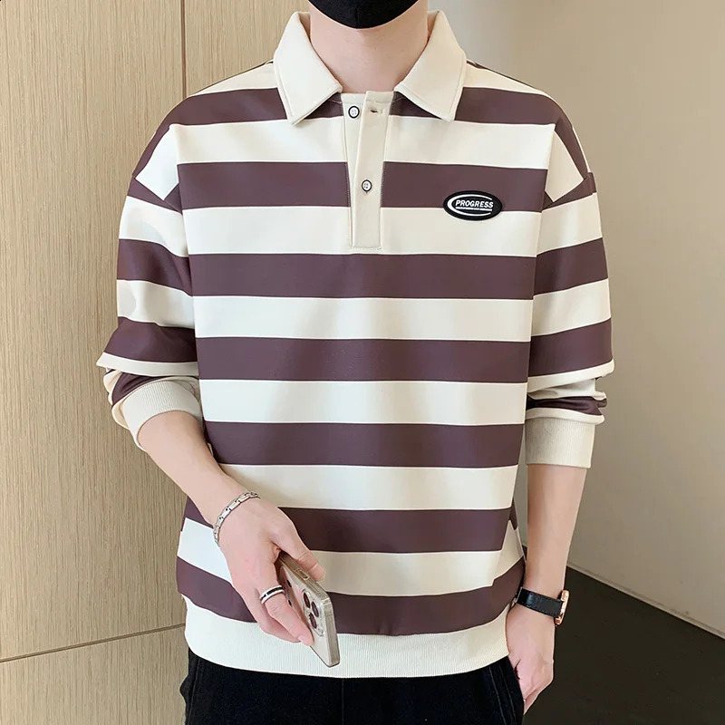 Commute Basic Striped T-shirts Spring Autumn Polo-Neck Button Mens Clothing Long Sleeve Korean Patch ns Loose Polo Shirts 240824
